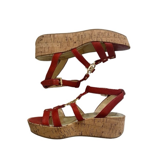 Michael Kors Burnt Orange Crinkled Patent Leather Nash Wedge Sandals Size 8 - Picture 5 of 10